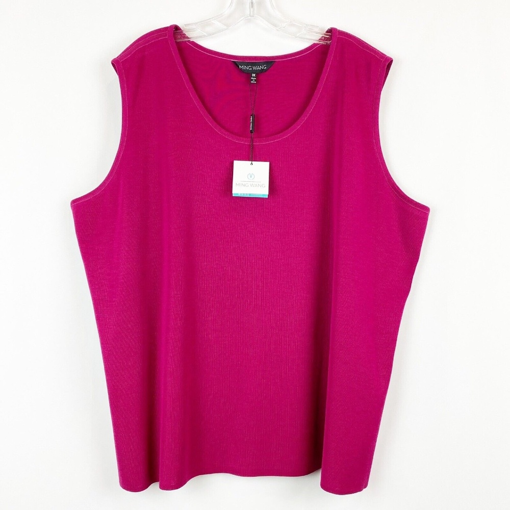Ming Wang Tank Top 3X Sleeveless Knit Shell Scoop Neck Berry Pink Slits Layer